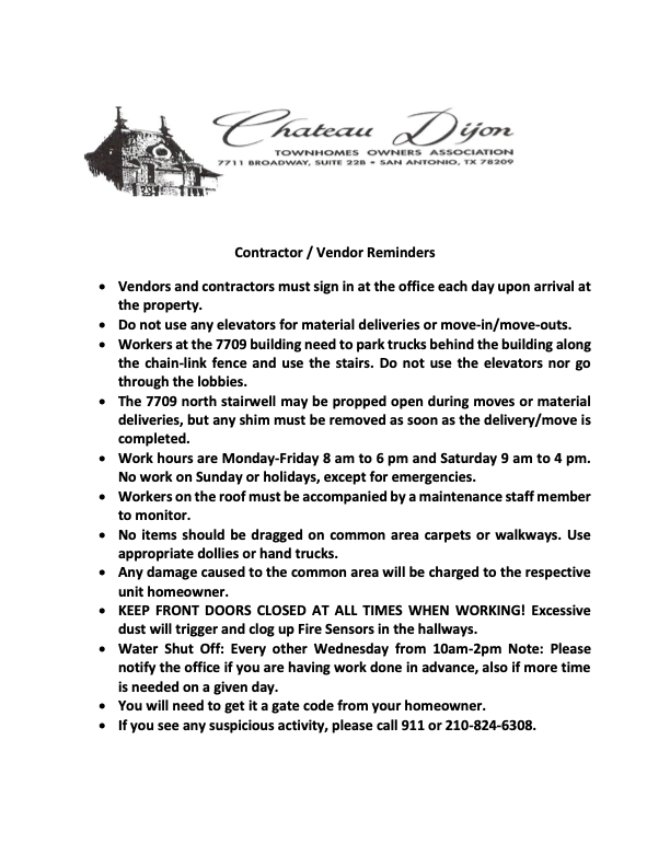 Chateau Dijon Contractors Information